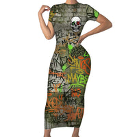Yeah Nah Graffiti Skull New Zealand Slang Family Matching Short Sleeve Bodycon Dress and Hawaiian Shirt Kiwi Grunge Brick Wall and Bold Urban Street Art