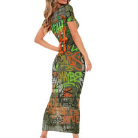 Yeah Nah Graffiti Skull New Zealand Slang Family Matching Short Sleeve Bodycon Dress and Hawaiian Shirt Kiwi Grunge Brick Wall and Bold Urban Street Art