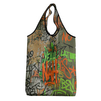 Yeah Nah Graffiti Skull New Zealand Slang Grocery Bag Kiwi Grunge Brick Wall and Bold Urban Street Art