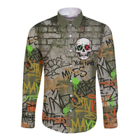Yeah Nah Graffiti Skull New Zealand Slang Long Sleeve Button Shirt Kiwi Grunge Brick Wall and Bold Urban Street Art