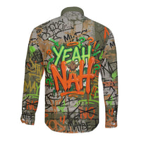Yeah Nah Graffiti Skull New Zealand Slang Long Sleeve Button Shirt Kiwi Grunge Brick Wall and Bold Urban Street Art