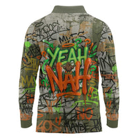 Yeah Nah Graffiti Skull New Zealand Slang Long Sleeve Polo Shirt Kiwi Grunge Brick Wall and Bold Urban Street Art