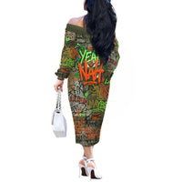 Yeah Nah Graffiti Skull New Zealand Slang Off The Shoulder Long Sleeve Dress Kiwi Grunge Brick Wall and Bold Urban Street Art