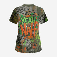 Yeah Nah Graffiti Skull New Zealand Slang Scrub Top Kiwi Grunge Brick Wall and Bold Urban Street Art