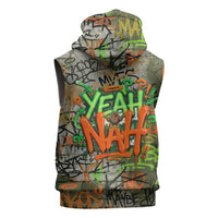 Yeah Nah Graffiti Skull New Zealand Slang Sleeveless Hoodie Kiwi Grunge Brick Wall and Bold Urban Street Art