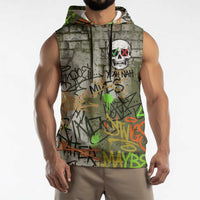 Yeah Nah Graffiti Skull New Zealand Slang Sleeveless Hoodie Kiwi Grunge Brick Wall and Bold Urban Street Art