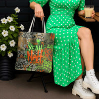 Yeah Nah Graffiti Skull New Zealand Slang Tote Bag Kiwi Grunge Brick Wall and Bold Urban Street Art