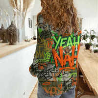 Yeah Nah Graffiti Skull New Zealand Slang Women Casual Shirt Kiwi Grunge Brick Wall and Bold Urban Street Art