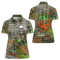 Yeah Nah Graffiti Skull New Zealand Slang Women Polo Shirt Kiwi Grunge Brick Wall and Bold Urban Street Art