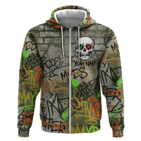 Yeah Nah Graffiti Skull New Zealand Slang Zip Hoodie Kiwi Grunge Brick Wall and Bold Urban Street Art