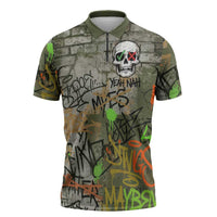 Yeah Nah Graffiti Skull New Zealand Slang Zipper Polo Shirt Kiwi Grunge Brick Wall and Bold Urban Street Art