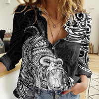 Hawaii Polynesian Women Casual Shirt Gorila Tatoo Polynesian Style TS04 Female Black - Polynesian Pride
