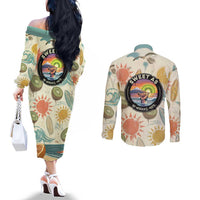 NZ Slang Sweet As Kiwi Shaka Sign Couples Matching Off The Shoulder Long Sleeve Dress and Long Sleeve Button Shirt New Zealand Surfboards Sun and Tropical Beach Retro