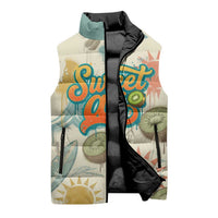 NZ Slang Sweet As Kiwi Shaka Sign Sleeveless Puffer Jacket New Zealand Surfboards Sun and Tropical Beach Retro
