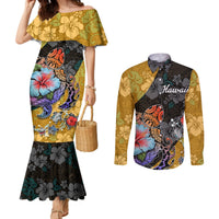 Hawaii Polynesian Couples Matching Mermaid Dress and Long Sleeve Button Shirts Turtles and Hibiscus Flower Gradient Pattern TS04 Multicolor - Polynesian Pride