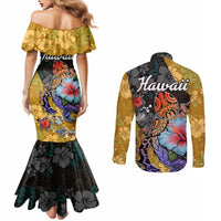 Hawaii Polynesian Couples Matching Mermaid Dress and Long Sleeve Button Shirts Turtles and Hibiscus Flower Gradient Pattern TS04 - Polynesian Pride