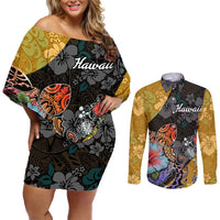 Hawaii Polynesian Couples Matching Off Shoulder Short Dress and Long Sleeve Button Shirts Turtles and Hibiscus Flower Gradient Pattern TS04 Multicolor - Polynesian Pride