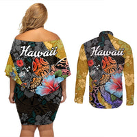 Hawaii Polynesian Couples Matching Off Shoulder Short Dress and Long Sleeve Button Shirts Turtles and Hibiscus Flower Gradient Pattern TS04 - Polynesian Pride