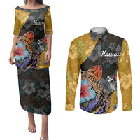 Hawaii Polynesian Couples Matching Puletasi Dress and Long Sleeve Button Shirts Turtles and Hibiscus Flower Gradient Pattern TS04 Multicolor - Polynesian Pride