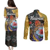 Hawaii Polynesian Couples Matching Puletasi Dress and Long Sleeve Button Shirts Turtles and Hibiscus Flower Gradient Pattern TS04 - Polynesian Pride