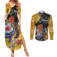 Hawaii Polynesian Couples Matching Summer Maxi Dress and Long Sleeve Button Shirts Turtles and Hibiscus Flower Gradient Pattern TS04 Multicolor - Polynesian Pride