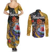 Hawaii Polynesian Couples Matching Summer Maxi Dress and Long Sleeve Button Shirts Turtles and Hibiscus Flower Gradient Pattern TS04 - Polynesian Pride
