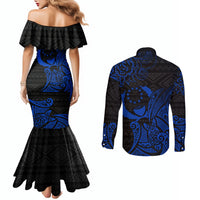 Pohnpei Federated States Of Micronesia Couples Matching Mermaid Dress and Long Sleeve Button Shirt Polynesian Tribal Heritage Art With Blue Island Tattoo Patterns