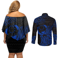 Pohnpei Federated States Of Micronesia Couples Matching Off Shoulder Short Dress and Long Sleeve Button Shirt Polynesian Tribal Heritage Art With Blue Island Tattoo Patterns