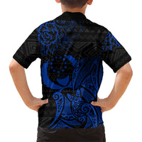 Pohnpei Federated States Of Micronesia Family Matching Off Shoulder Maxi Dress and Hawaiian Shirt Polynesian Tribal Heritage Art With Blue Island Tattoo Patterns