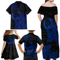 Pohnpei Federated States Of Micronesia Family Matching Off Shoulder Maxi Dress and Hawaiian Shirt Polynesian Tribal Heritage Art With Blue Island Tattoo Patterns