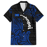 Pohnpei Federated States Of Micronesia Family Matching Off Shoulder Short Dress and Hawaiian Shirt Polynesian Tribal Heritage Art With Blue Island Tattoo Patterns