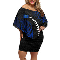 Pohnpei Federated States Of Micronesia Off Shoulder Short Dress Polynesian Tribal Heritage Art With Blue Island Tattoo Patterns