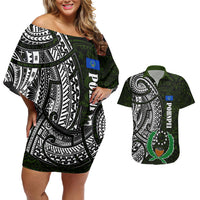 Pohnpei Federated States Of Micronesia Couples Matching Off Shoulder Short Dress and Hawaiian Shirt Polynesian Tribal Heritage Art With Kaselehlie State Seal