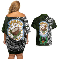 Pohnpei Federated States Of Micronesia Couples Matching Off Shoulder Short Dress and Hawaiian Shirt Polynesian Tribal Heritage Art With Kaselehlie State Seal