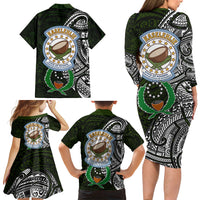 Pohnpei Federated States Of Micronesia Family Matching Long Sleeve Bodycon Dress and Hawaiian Shirt Polynesian Tribal Heritage Art With Kaselehlie State Seal
