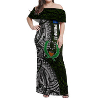 Pohnpei Federated States Of Micronesia Off Shoulder Maxi Dress Polynesian Tribal Heritage Art With Kaselehlie State Seal