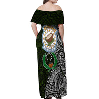 Pohnpei Federated States Of Micronesia Off Shoulder Maxi Dress Polynesian Tribal Heritage Art With Kaselehlie State Seal