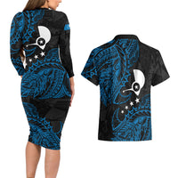 Yap Island Tribal Heritage Couples Matching Long Sleeve Bodycon Dress and Hawaiian Shirt Micronesian Polynesian Tattoo Pattern Blue Black Cultural Art