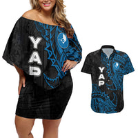 Yap Island Tribal Heritage Couples Matching Off Shoulder Short Dress and Hawaiian Shirt Micronesian Polynesian Tattoo Pattern Blue Black Cultural Art