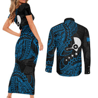 Yap Island Tribal Heritage Couples Matching Short Sleeve Bodycon Dress and Long Sleeve Button Shirt Micronesian Polynesian Tattoo Pattern Blue Black Cultural Art