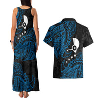 Yap Island Tribal Heritage Couples Matching Tank Maxi Dress and Hawaiian Shirt Micronesian Polynesian Tattoo Pattern Blue Black Cultural Art