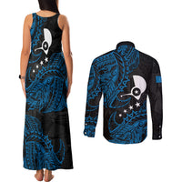 Yap Island Tribal Heritage Couples Matching Tank Maxi Dress and Long Sleeve Button Shirt Micronesian Polynesian Tattoo Pattern Blue Black Cultural Art