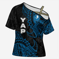 Yap Island Tribal Heritage Cross Shoulder Shirt Micronesian Polynesian Tattoo Pattern Blue Black Cultural Art