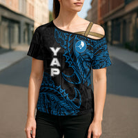 Yap Island Tribal Heritage Cross Shoulder Shirt Micronesian Polynesian Tattoo Pattern Blue Black Cultural Art