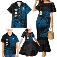 Yap Island Tribal Heritage Family Matching Mermaid Dress and Hawaiian Shirt Micronesian Polynesian Tattoo Pattern Blue Black Cultural Art