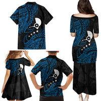 Yap Island Tribal Heritage Family Matching Puletasi and Hawaiian Shirt Micronesian Polynesian Tattoo Pattern Blue Black Cultural Art