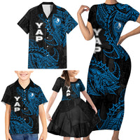 Yap Island Tribal Heritage Family Matching Short Sleeve Bodycon Dress and Hawaiian Shirt Micronesian Polynesian Tattoo Pattern Blue Black Cultural Art