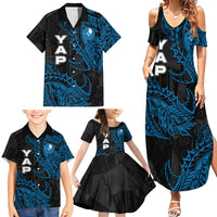 Yap Island Tribal Heritage Family Matching Summer Maxi Dress and Hawaiian Shirt Micronesian Polynesian Tattoo Pattern Blue Black Cultural Art