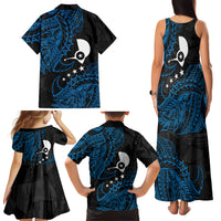 Yap Island Tribal Heritage Family Matching Tank Maxi Dress and Hawaiian Shirt Micronesian Polynesian Tattoo Pattern Blue Black Cultural Art