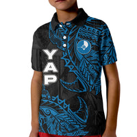 Yap Island Tribal Heritage Kid Polo Shirt Micronesian Polynesian Tattoo Pattern Blue Black Cultural Art